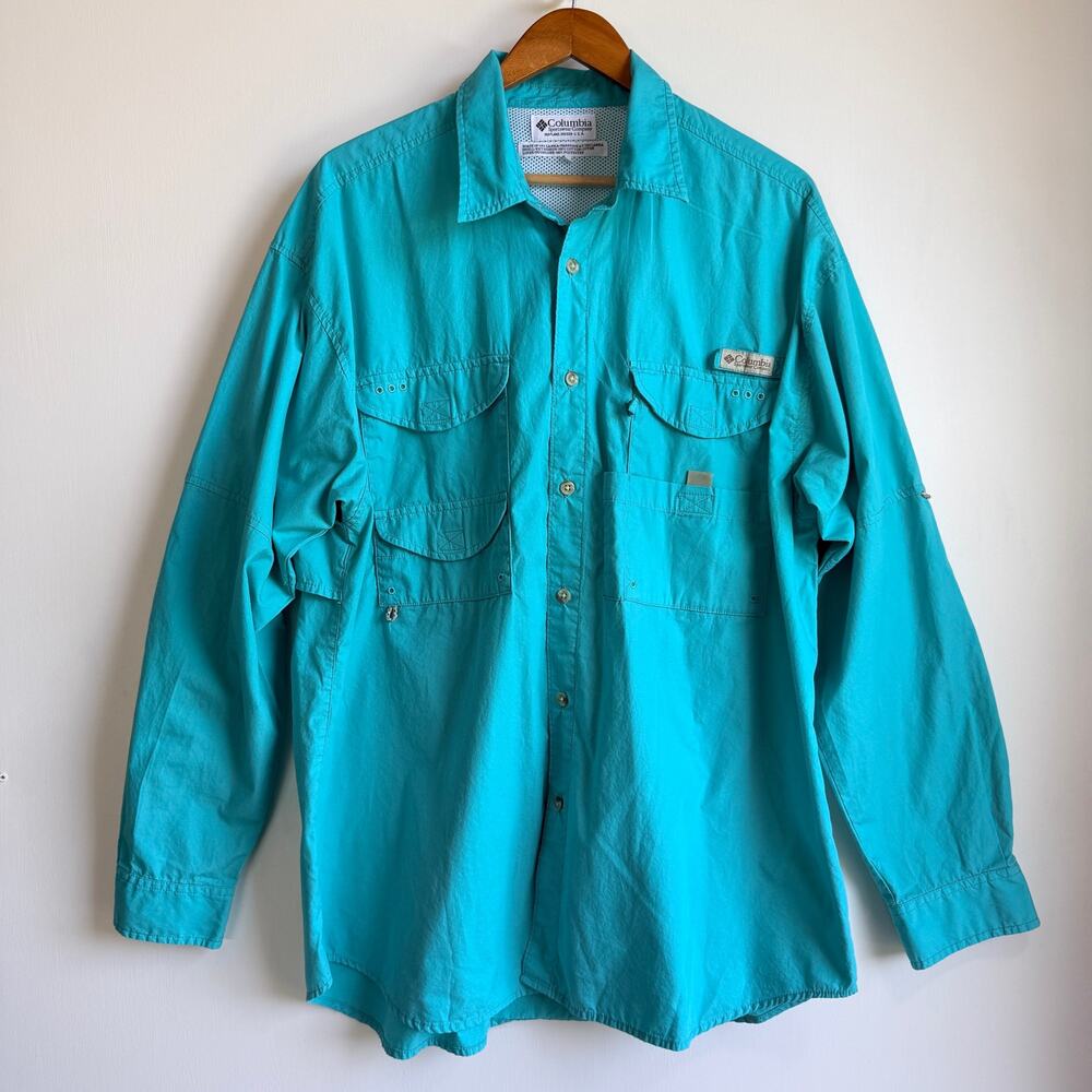 COLUMBIA PFG Bahama II  Large Teal Long Sleeve Fishing Mesh Shirt Vented UPF 50